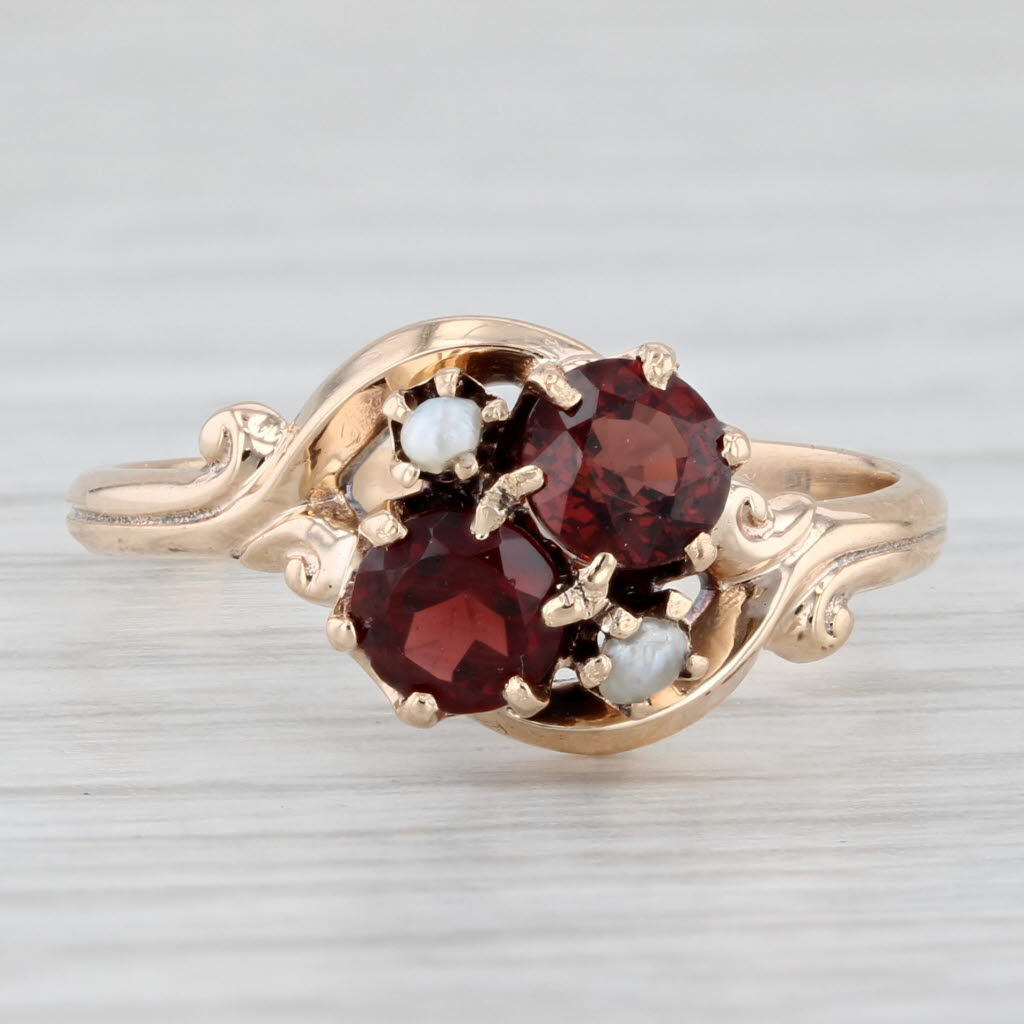 Light Gray Victorian 1ctw Garnet Pearl Bypass Ring 9k Yellow Gold Size 7