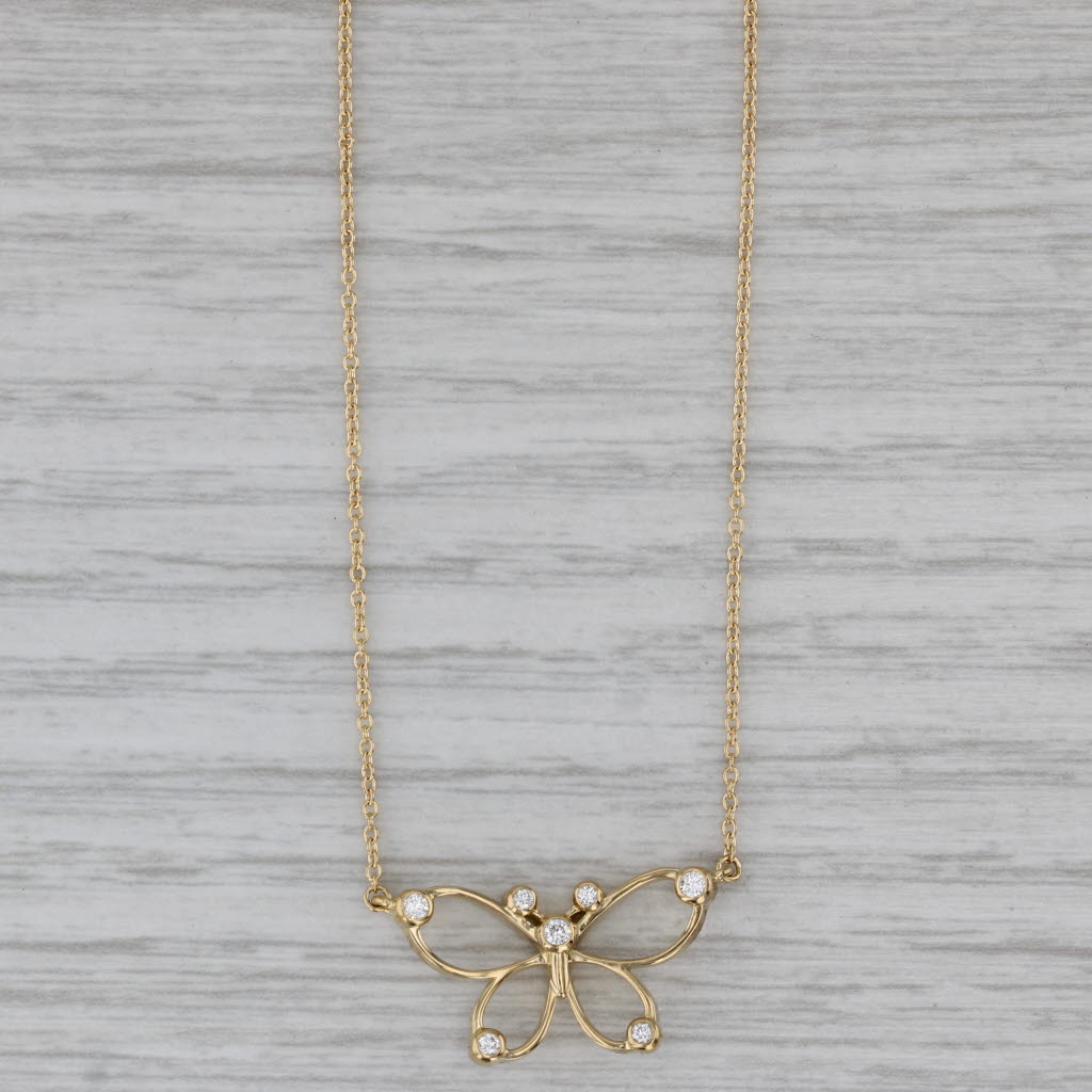 Gray Tiffany & Co Butterfly Pendant Necklace 0.11ctw 18k Gold 16" Cable Chain