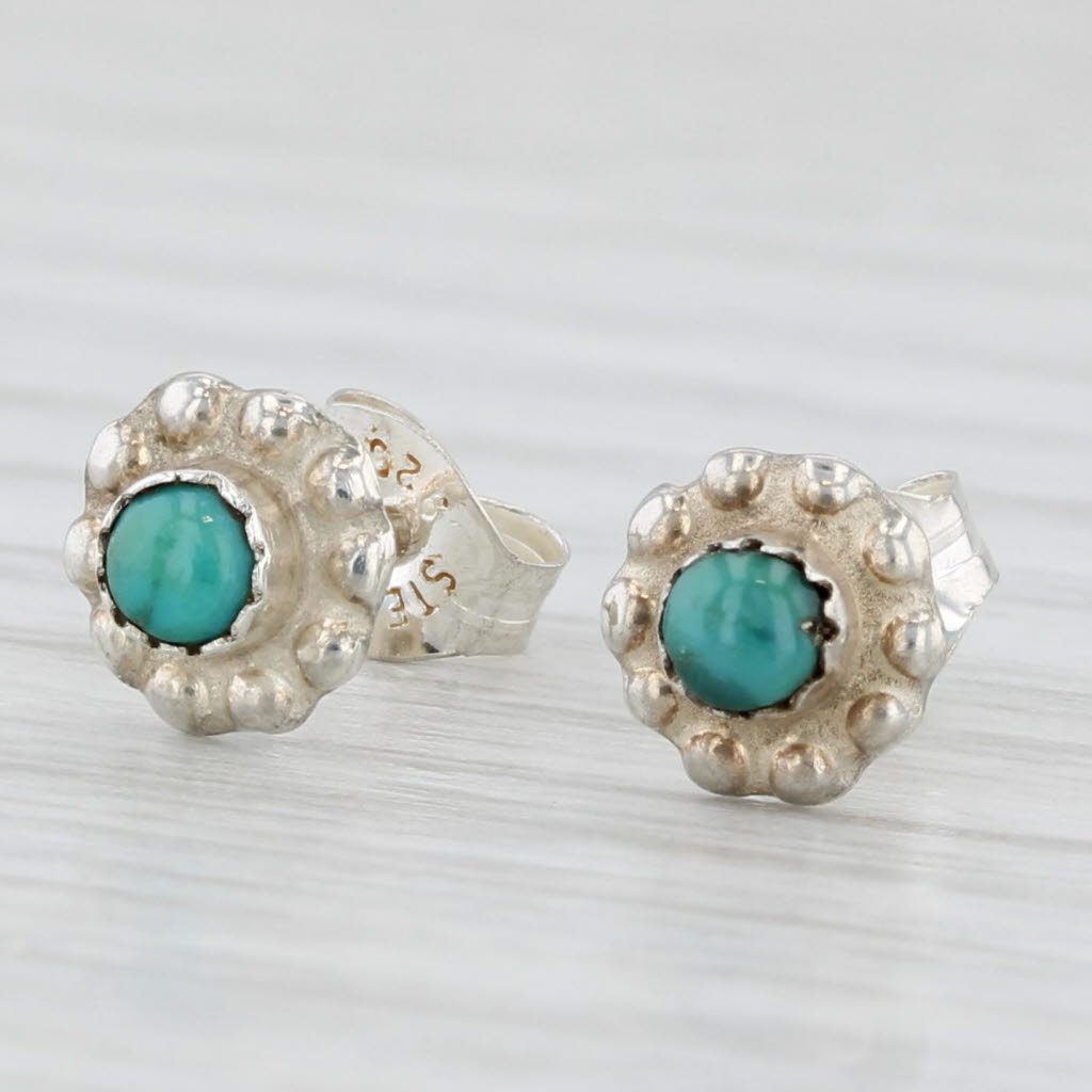 Light Gray Turquoise Solitaire Flower Stud Earrings Sterling Silver Small Studs