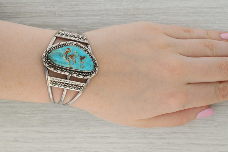 Vintage Native American Turquoise Statement Cuff Bracelet Sterling Silver