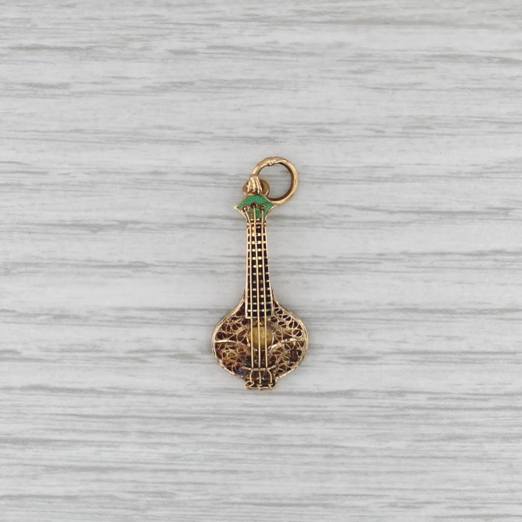 Antique Portuguese Guitar Charm 18k-19k Gold Enamel Portugal Souvenir Pendant