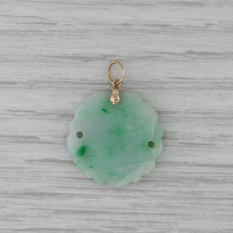Vintage Green Jadeite Jade Character Carved Disc Pendant 14k Yellow Gold