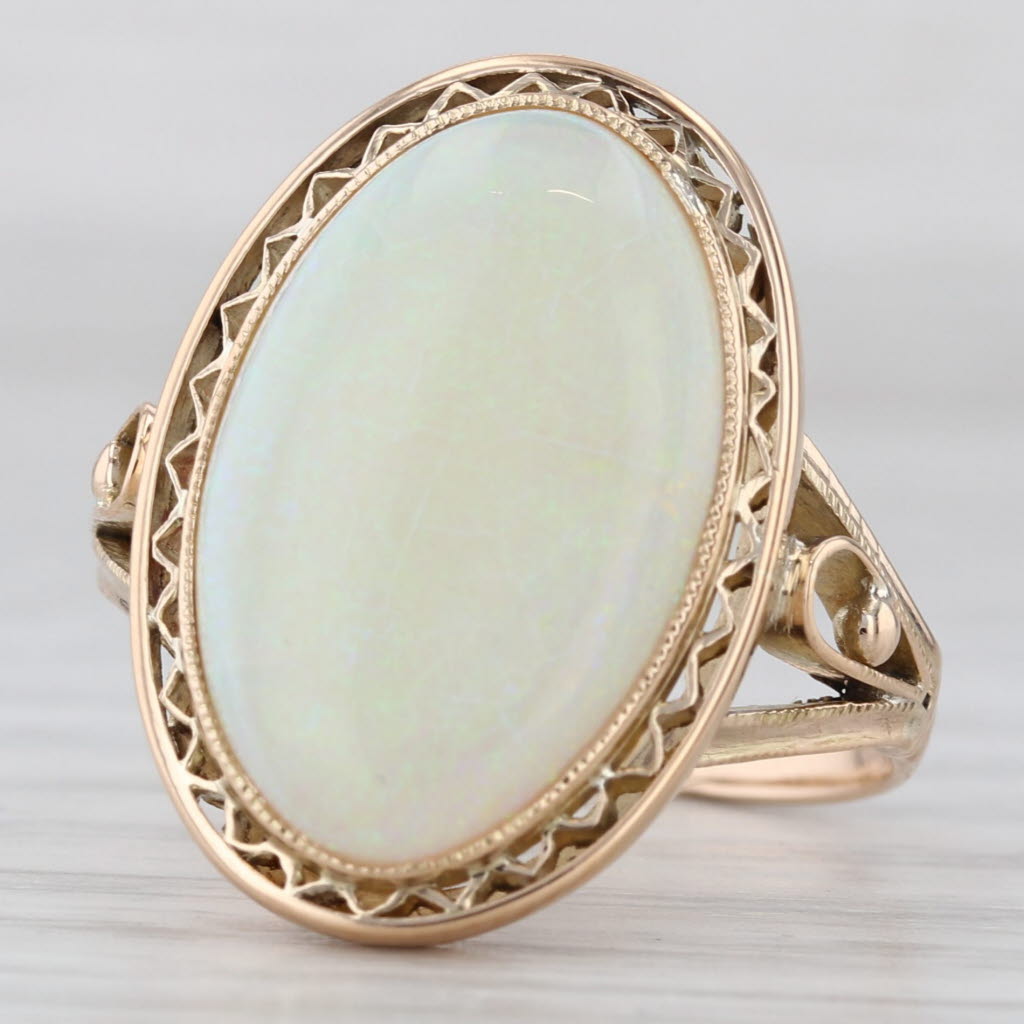 Vintage Oval Opal Cabochon Filigree Ring 18k Yellow Gold Size 8 AS IS