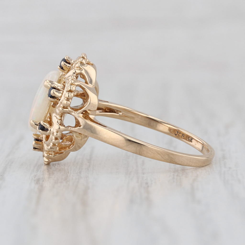 Opal Blue Sapphire Halo Flower Ring 14k Yellow Gold Size 7.75