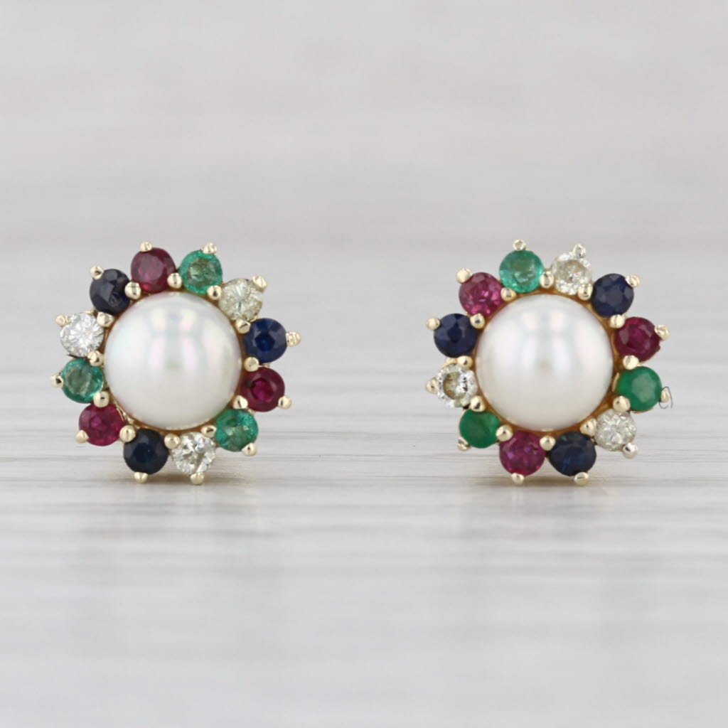 Cultured Pearl Gemstone Stud Earrings 14k Gold Ruby Emerald Sapphire Diamond