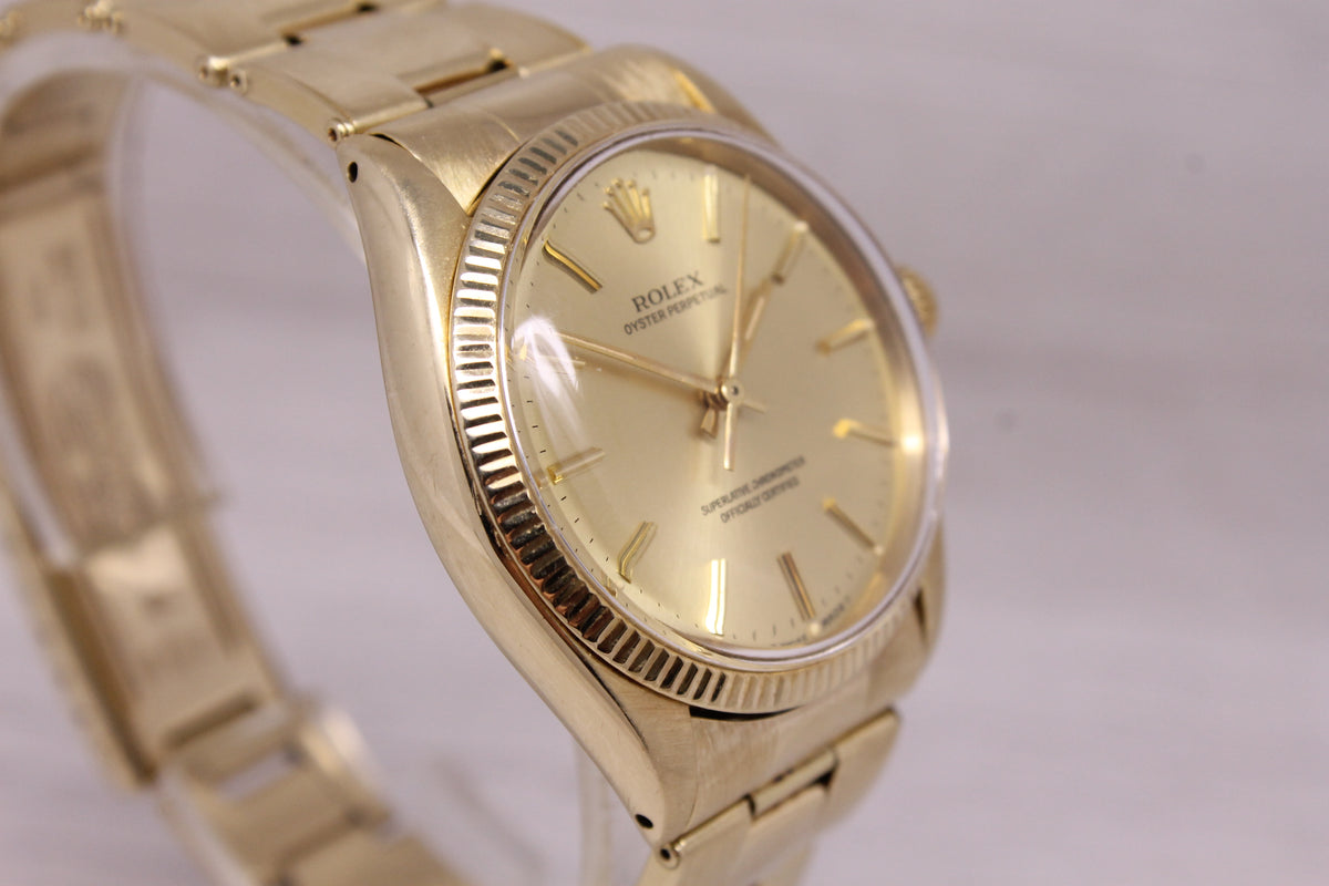 Vintage 1982 Rolex Oyster Perpetual 1005 34mm 14k Yellow Gold w Rivet Bracelet
