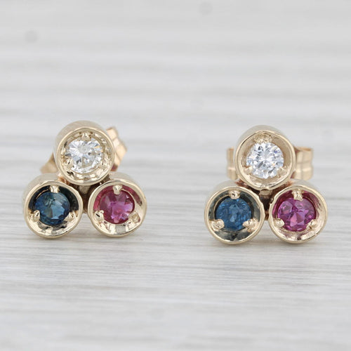 Light Gray 0.34ctw Diamond Ruby Sapphire Stud Earrings 14k Yellow Gold Round 3-Stone