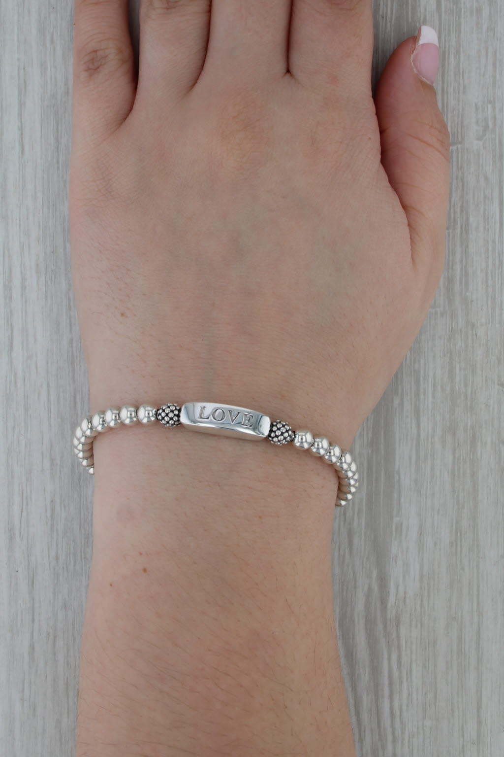 Lagos Caviar Stetel Love Stretchy Bead Bracelet Sterling Silver 7"