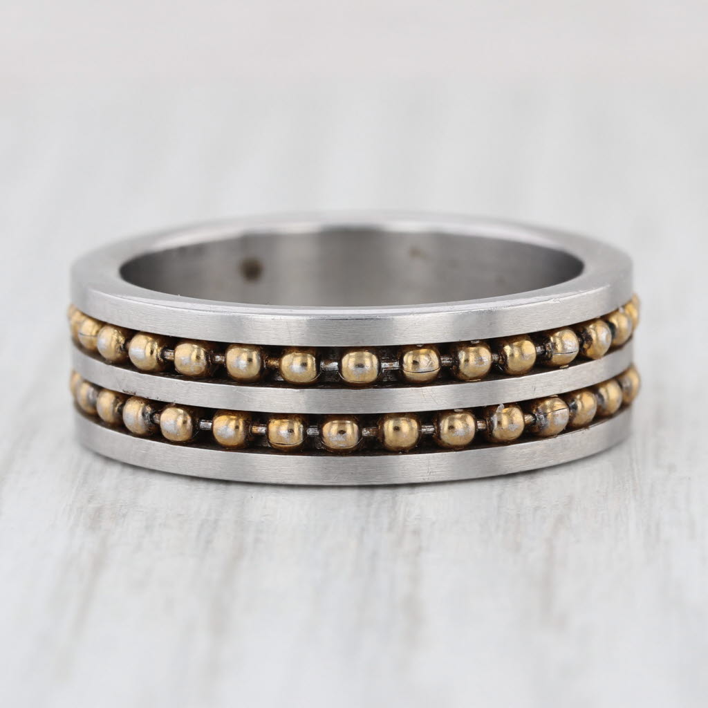 2-Toned Steel Bead Accented Ring Men's Size 12.25 Bead 8.1mm