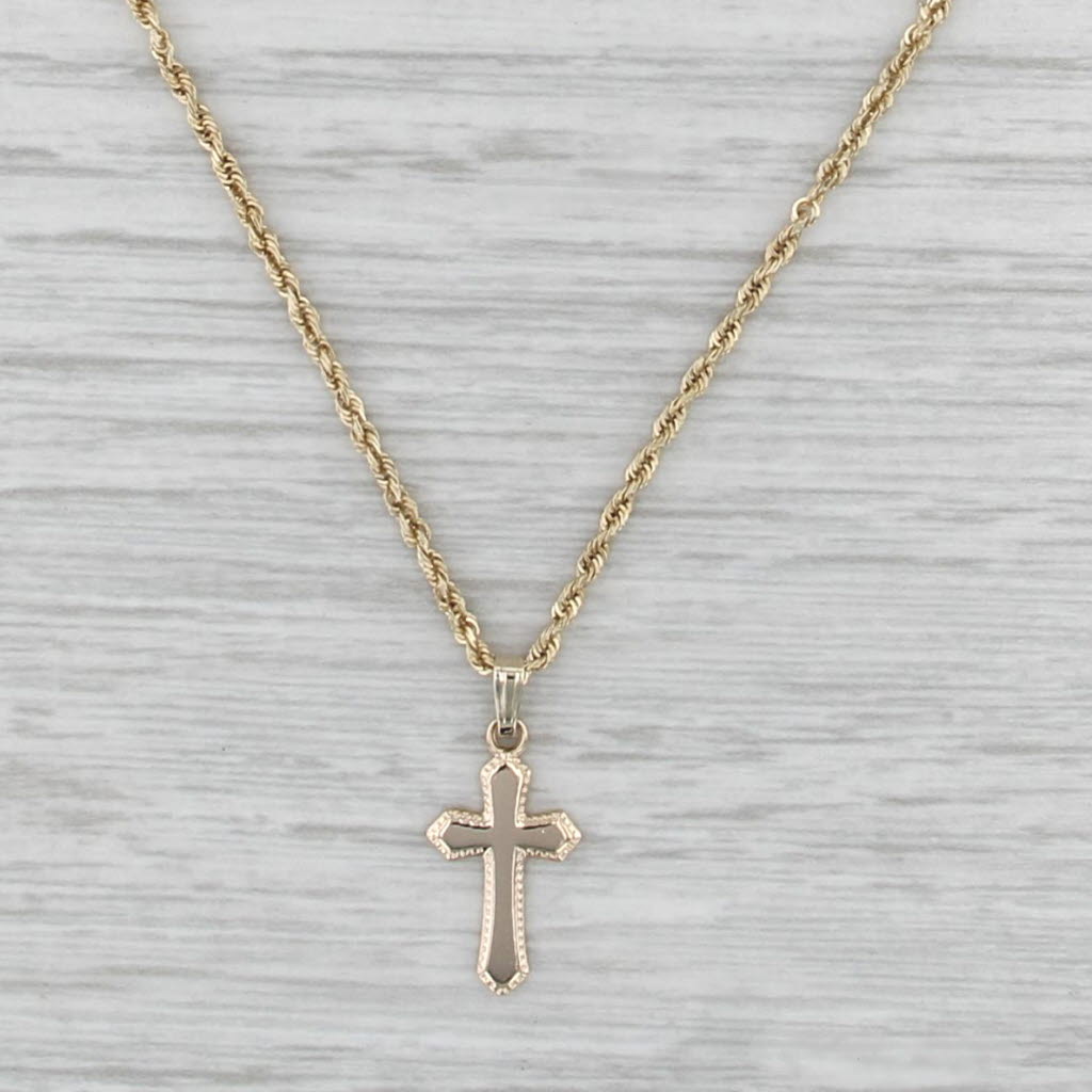 Cross Pendant Necklace 14k Yellow Gold 16" Rope Chain
