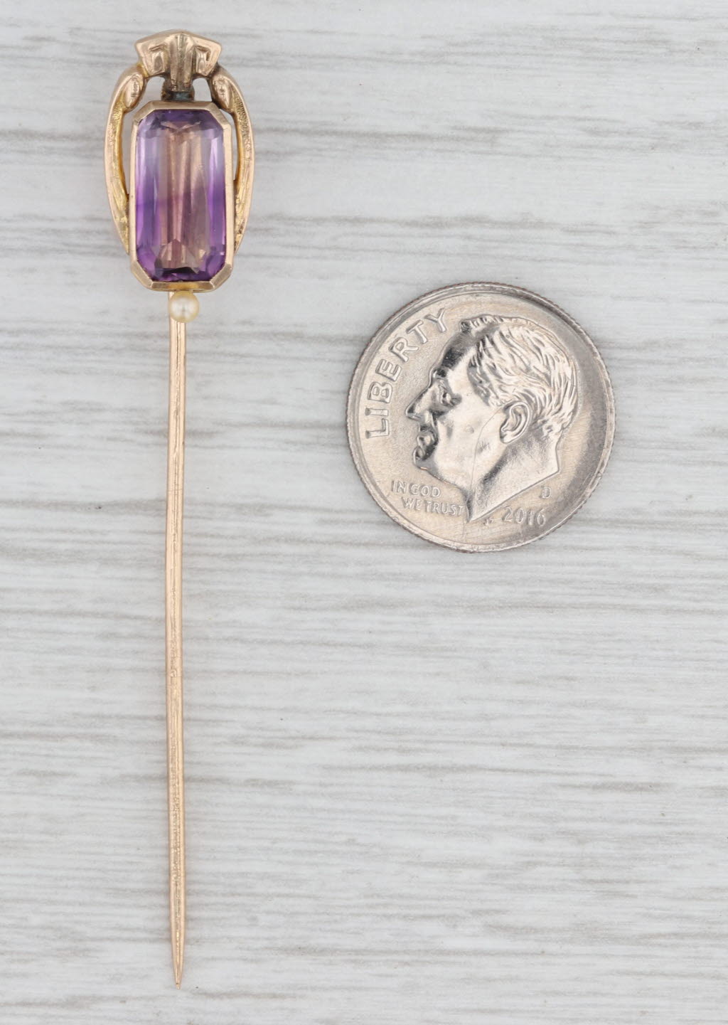 Vintage Amethyst Seed Pearl Stickpin 10k Yellow Gold