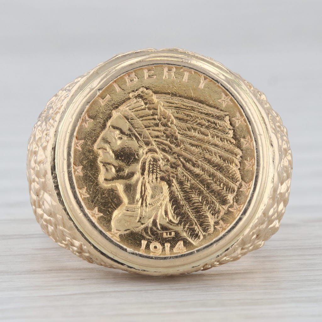 Gray Authentic 1914 Indian Head $2.50 Gold Coin Ring 14k 900 Yellow Gold Size 10.75