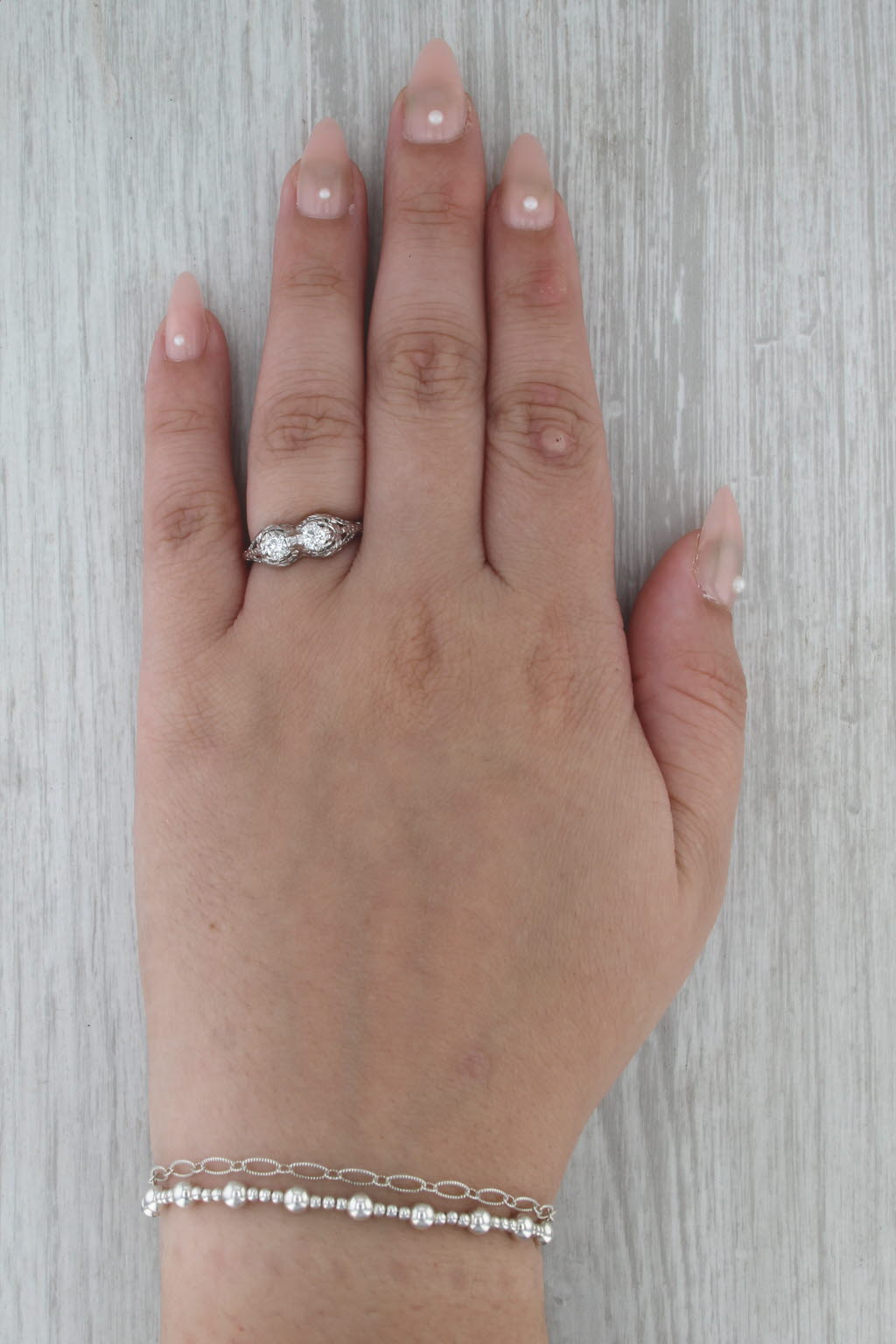 Vintage Art Deco 2-Diamond Filigree Ring 18k White Gold Size 6.75