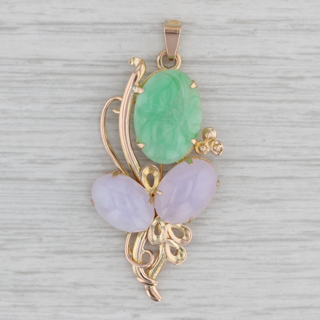 Gray Lavender Green Jadeite Jade Flower Pendant 14k Yellow Gold