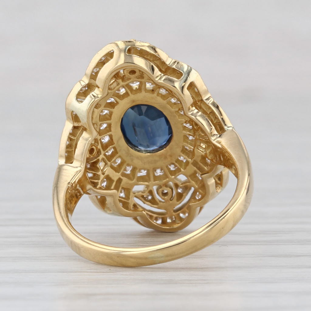 1.41ctw Oval Blue Sapphire Diamond Halo Ring 18k Yellow Gold Ornate Size 4.5