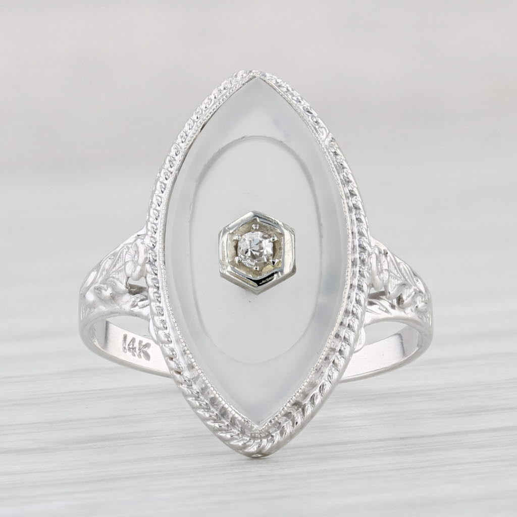 Light Gray Vintage Frosted Camphor Glass Ring 14k White Gold Size 5 Diamond Accent