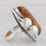 Amber Oval Cabochon Statement Ring Sterling Silver Size 7 Handmade