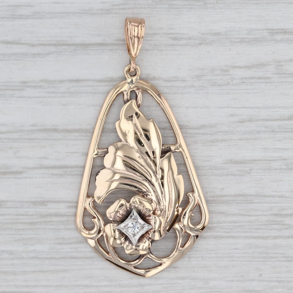 Light Gray Vintage Diamond Floral Pendant 10k Yellow Gold Ornate Openwork