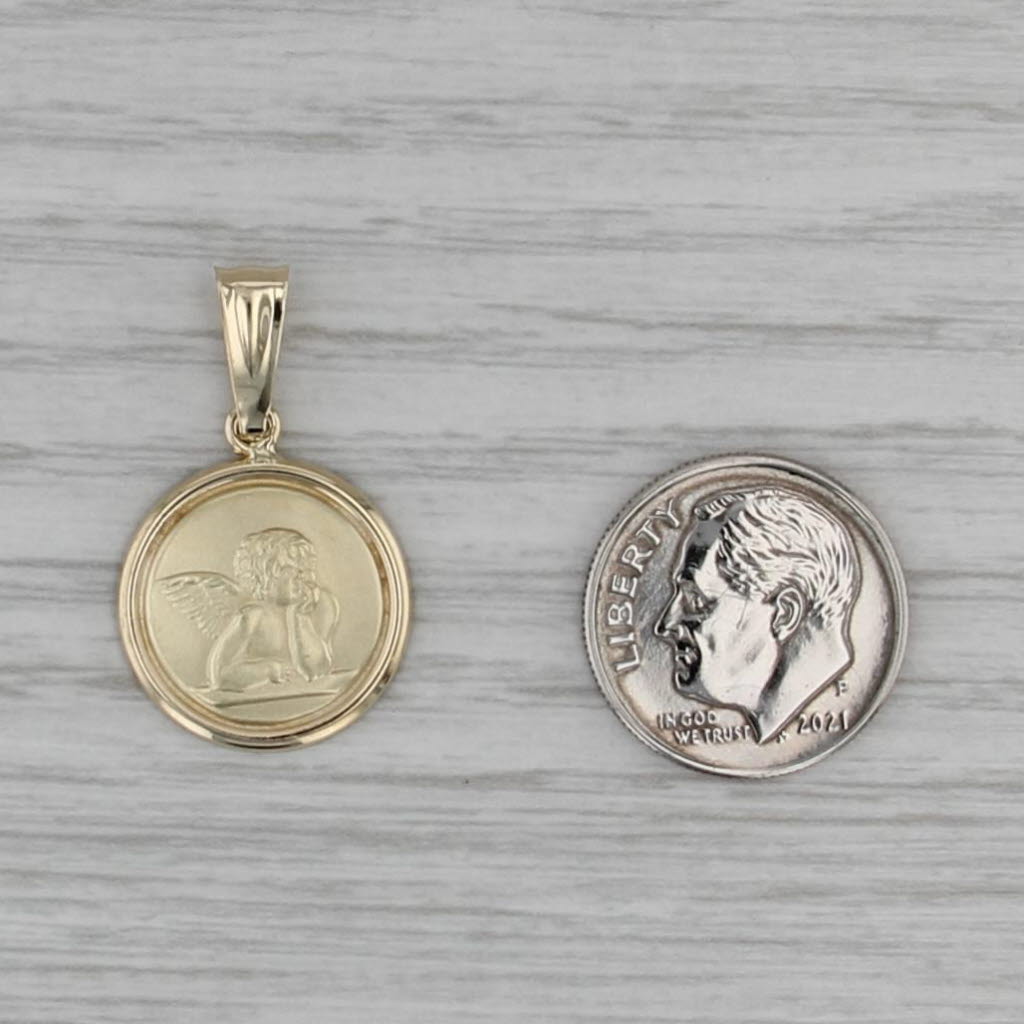 Guardian Angel Pendant 14k Yellow Gold Small Drop Winged Cherub Charm