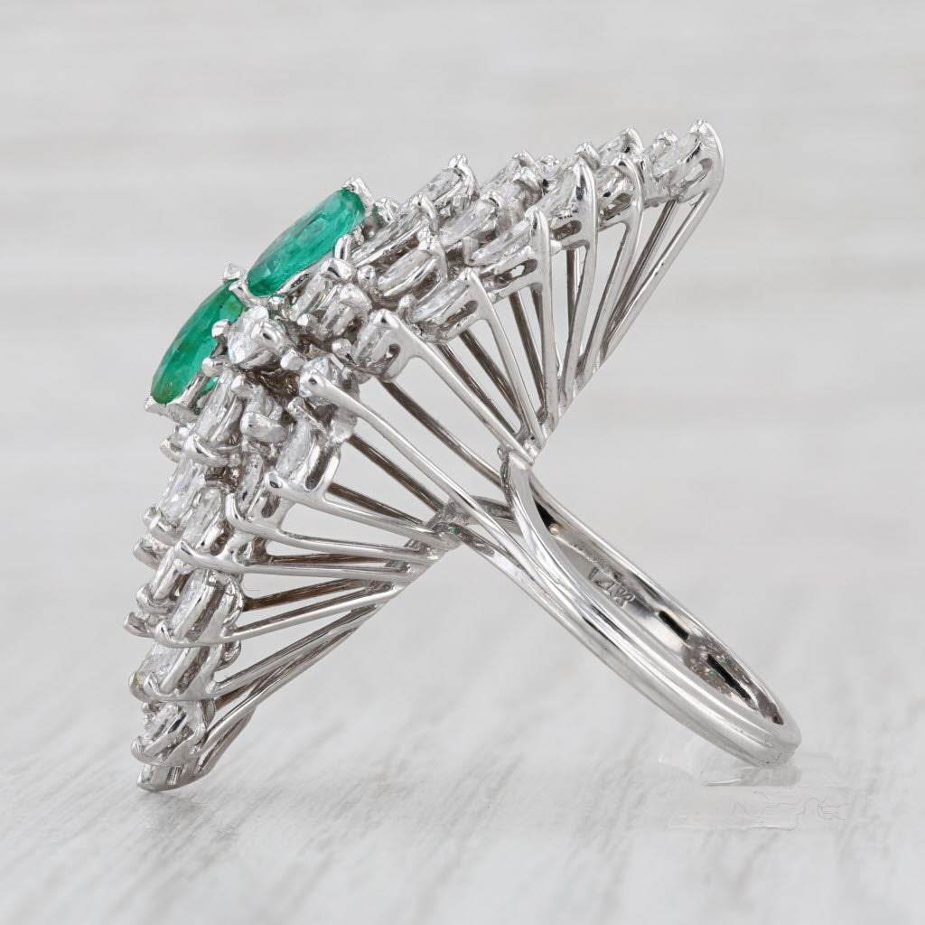 Emerald Diamond Waterfall Cocktail Ring 14k White Gold Size 8.75 GGL Card & Box