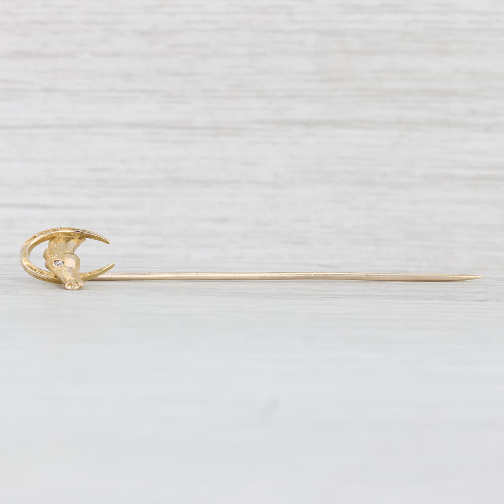 Light Gray Diamond Horseshoe Horse Stickpin 14k Yellow Gold Vintage Pin