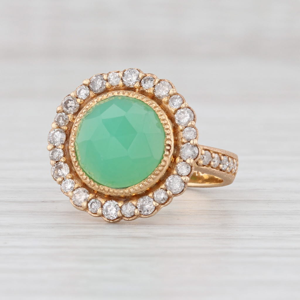 New Nina Wynn Green Chrysoprase Diamond Halo Ring 18k Gold Size 7