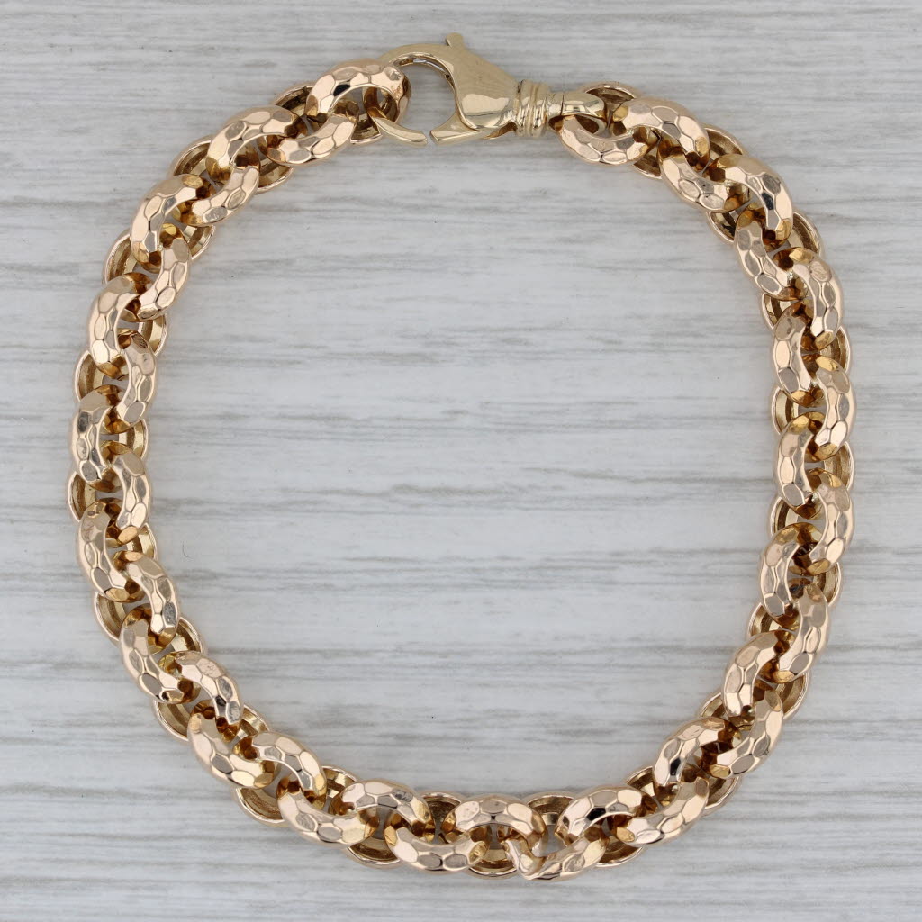 Gray Hammered Cable Chain Bracelet 14k Yellow Gold 6.5" 8.4mm