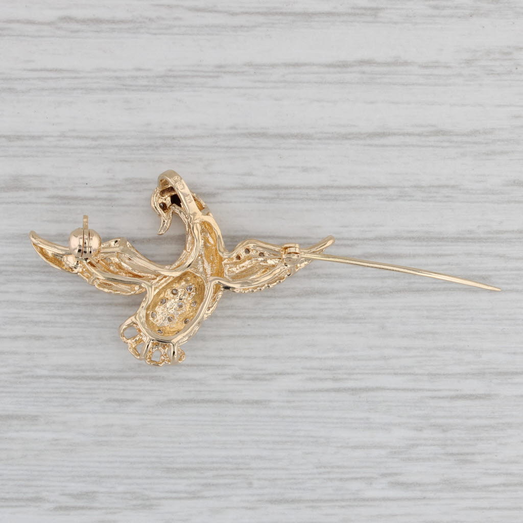 Gray Diamond Bird Pin Pendant 14k Yellow Gold Brooch Jewelry