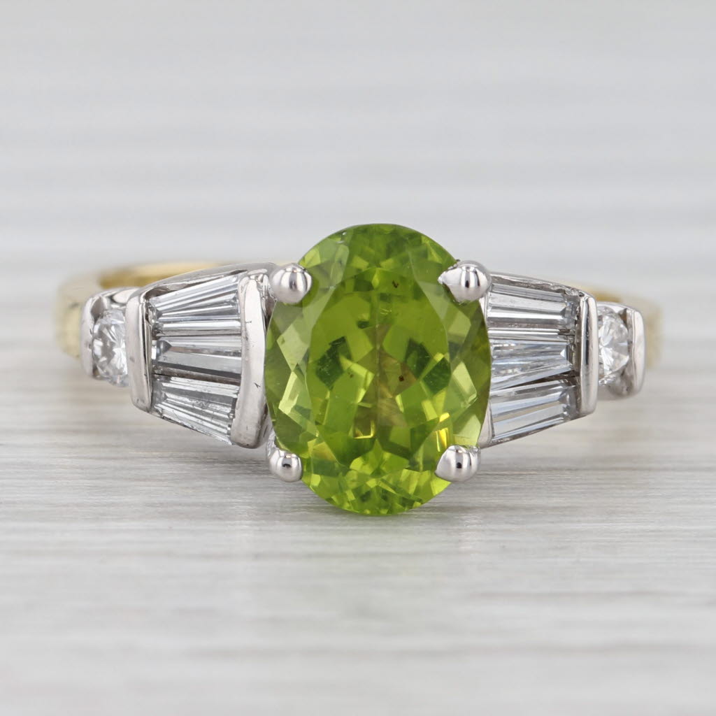 Light Gray 2.60ctw Oval Peridot Diamond Ring 18k White Yellow Gold Size 6.75