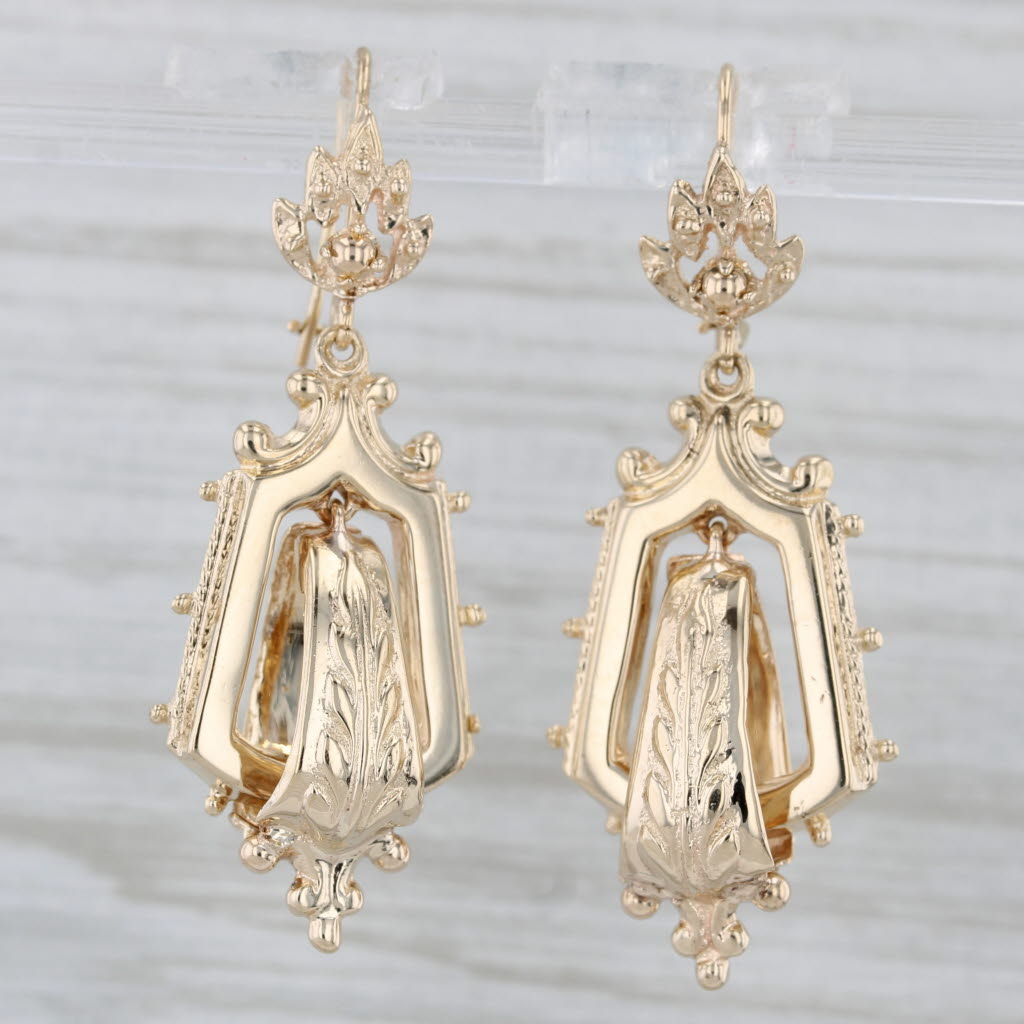 Gray Vintage Ornate Dangle Earrings 14k Yellow Gold Hook Posts & Clasps