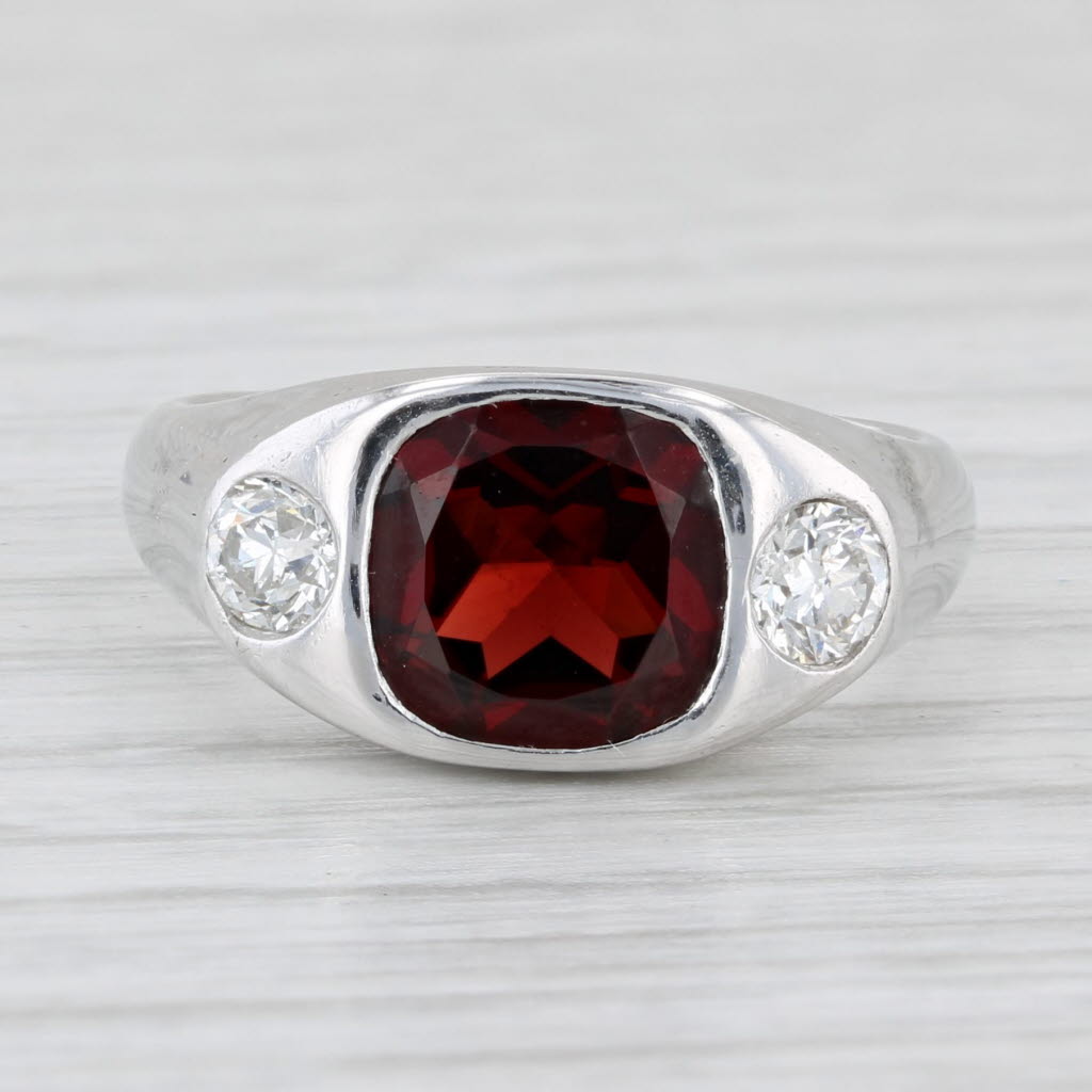 Light Gray 2.81ctw Cushion Garnet Diamond Ring 18k White Gold Size 6