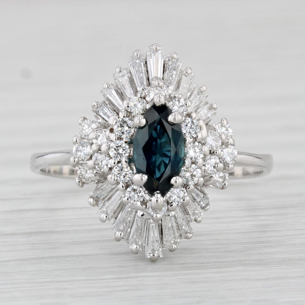 Light Gray Vintage 1.42ctw Marquise Blue Sapphire Diamond Halo Ring 18k White Gold Sz 9.5