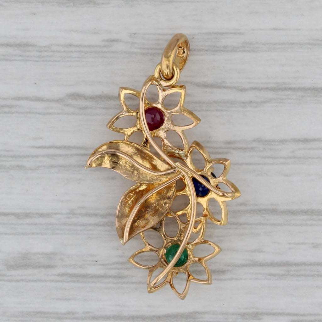 Gray 0.49ctw Red Ruby Blue Sapphire Green Emerald Flowers Pendant 20k Yellow Gold