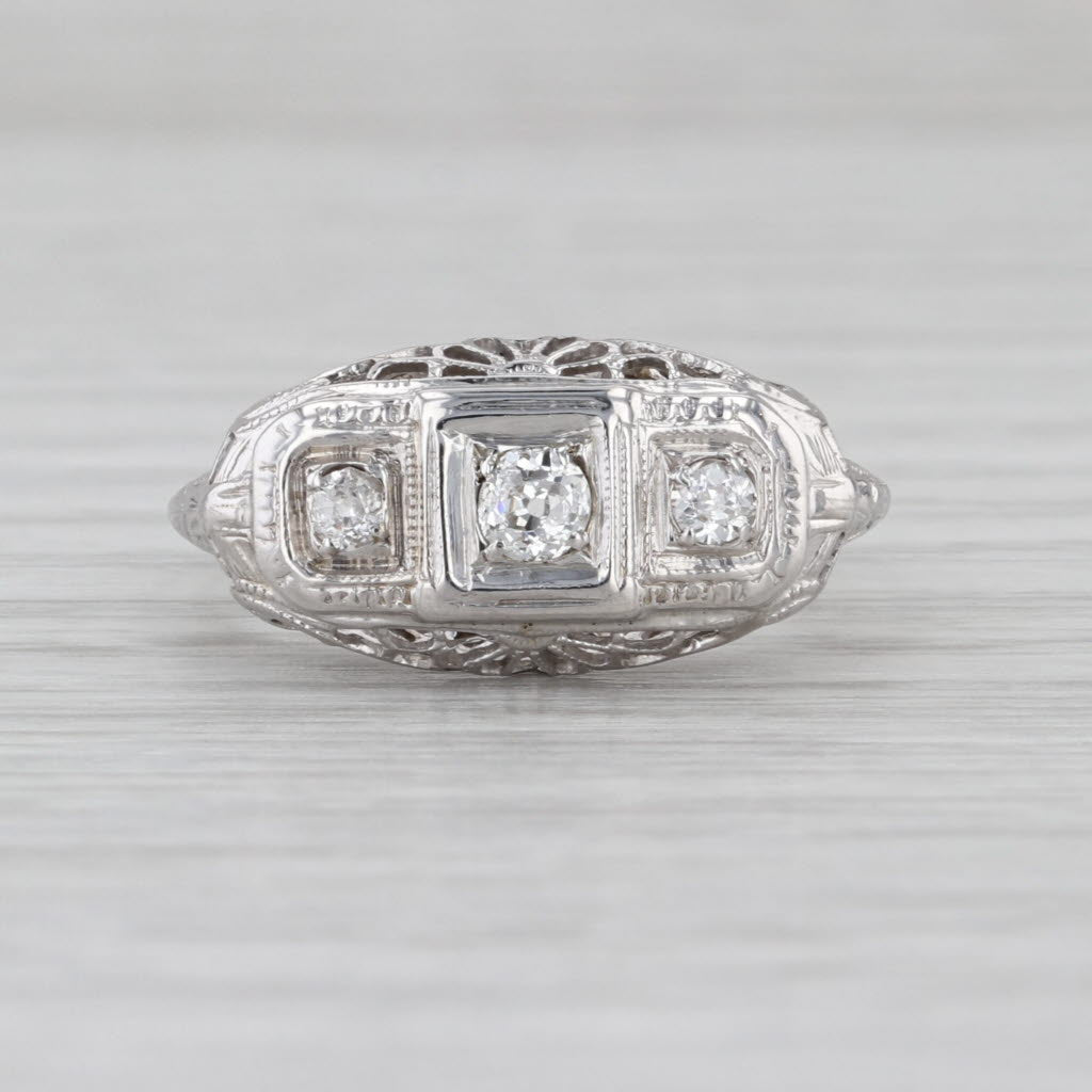 0.22ctw 3-Stone Art Deco Old European Cut Diamond Ring 18k White Gold Size 7.25