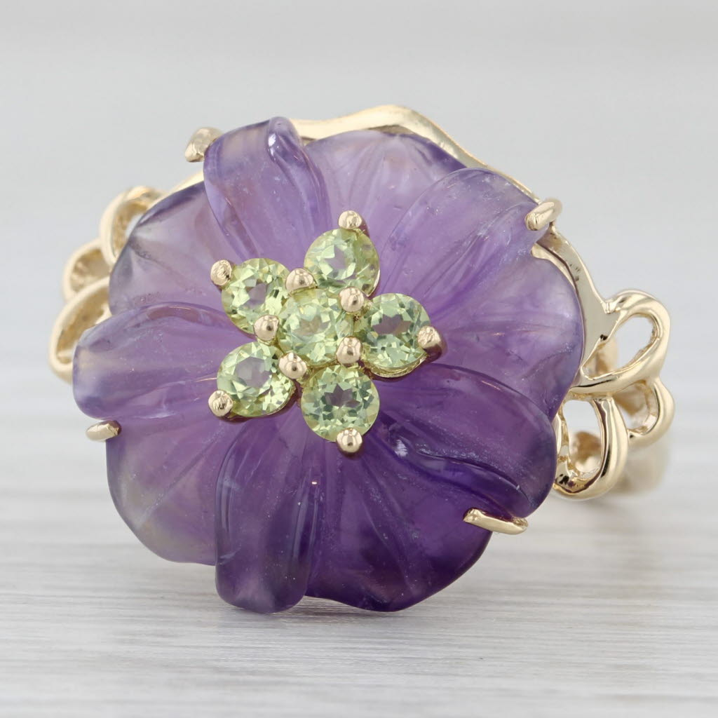 Light Gray Carved Amethyst Peridot Flower Ring 14k Yellow Gold Size 6.25