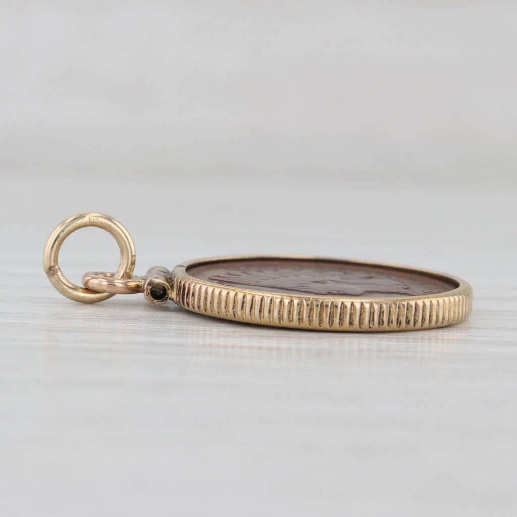 1893 Indian Head Penny Pendant 10k Yellow Gold Copper Bezel Vintage Charm