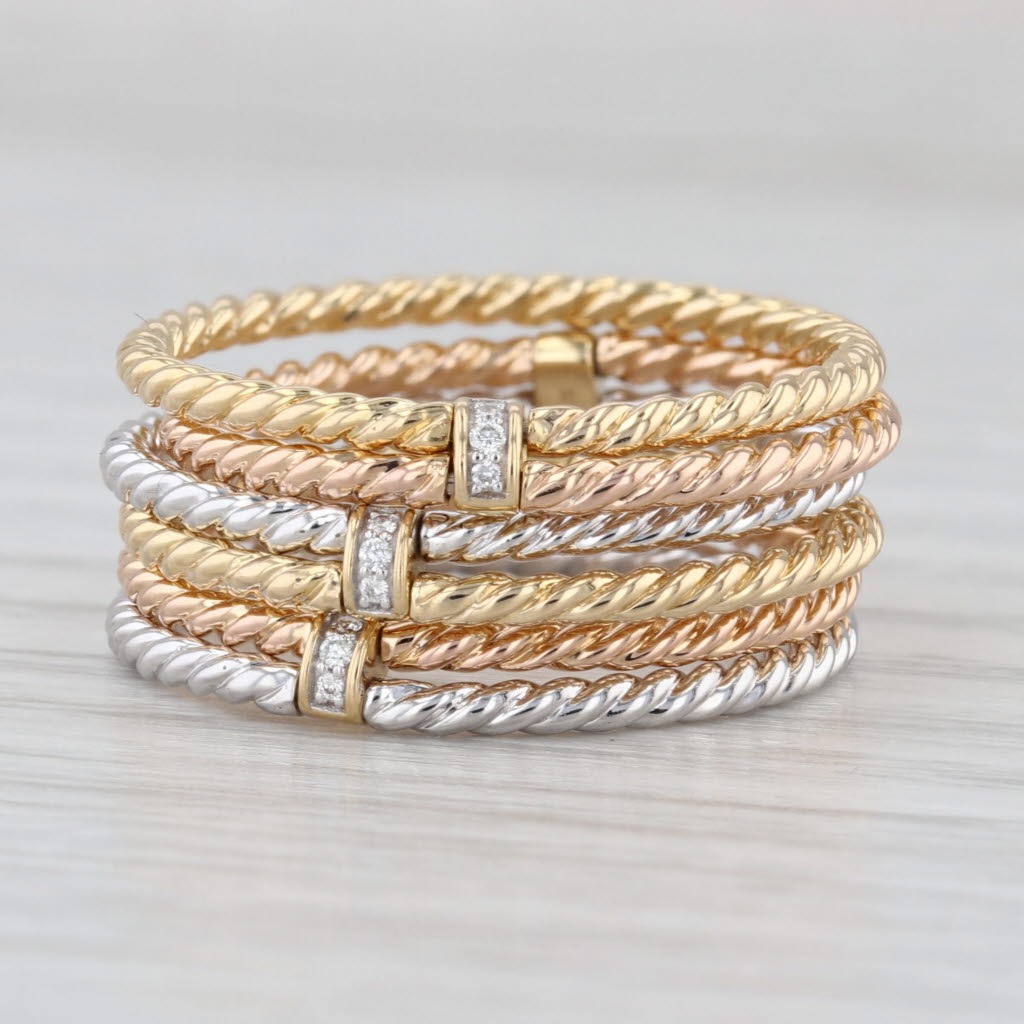 David Yurman Diamond 6 Row Cable Origami Ring 18k Gold Stacked Bands Size 7