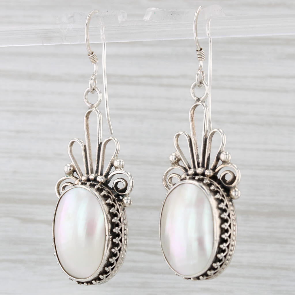 Light Gray Vintage Mabe Pearl Dangle Earrings Sterling Silver Hook Posts Artisan Signed