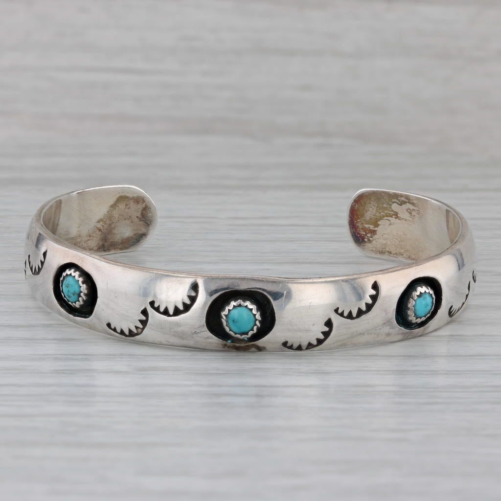 Gray Vintage Native American Turquoise Cuff Bracelet Stamped Sterling Silver