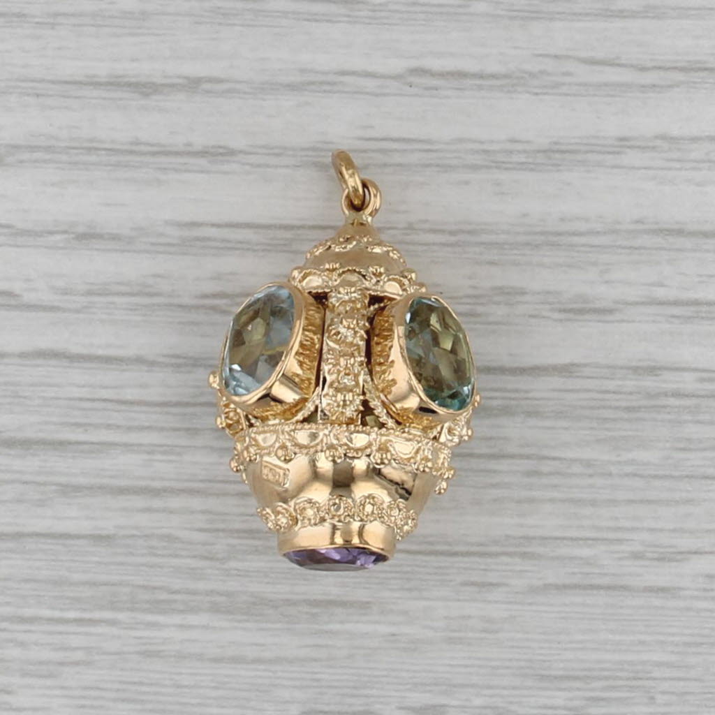 8.84ctw Etrustcan Style Gemstone Fob Charm Pendant 18k Gold Amethyst Aquamarine
