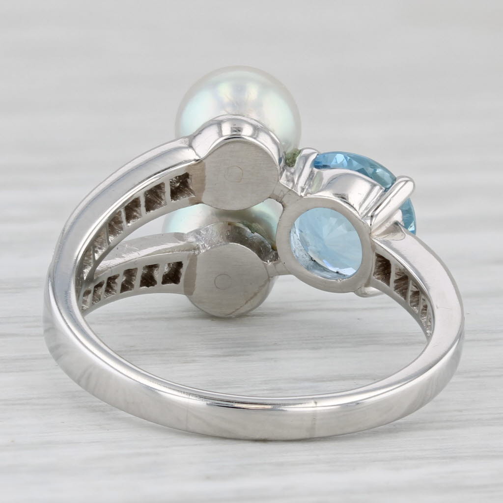 Light Gray Cultured Pearl 1.63ctw Blue Topaz Diamond Ring Platinum Size 6.5