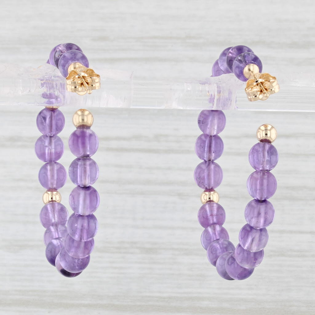 Light Gray Amethyst Bead Hoop Earrings 14k Yellow Gold Pierced Round Hoops