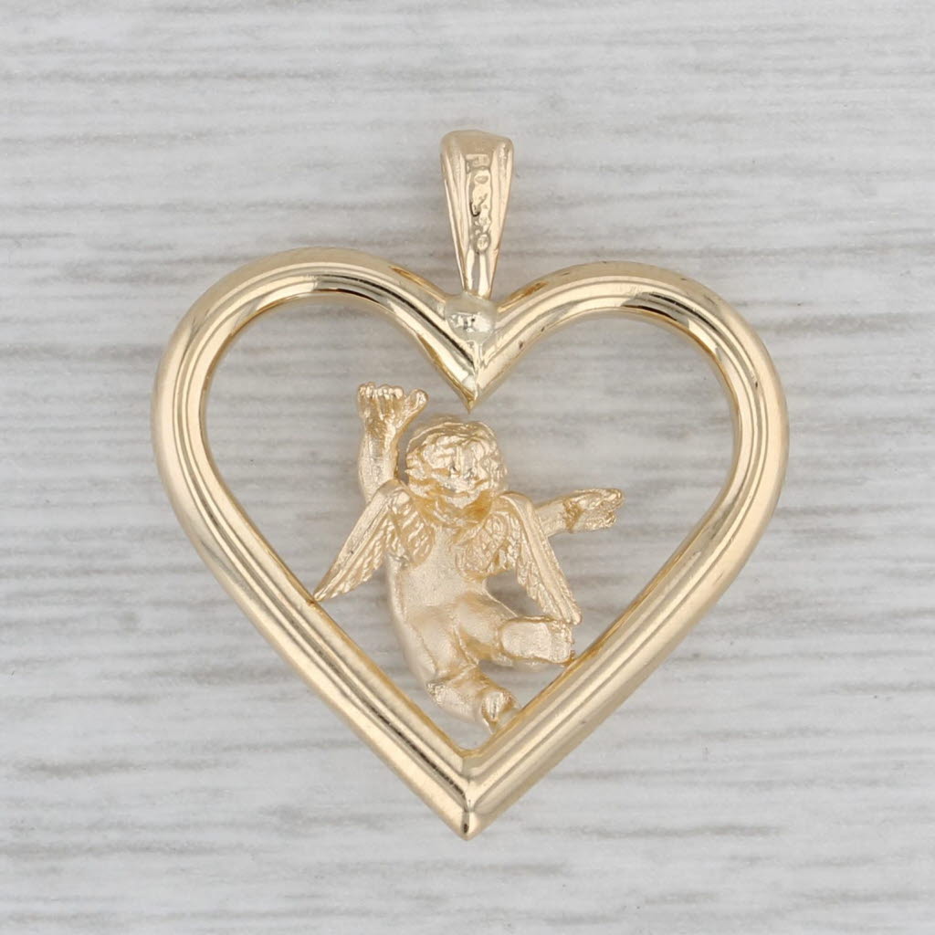 Gray Cherub Heart Pendant 14k Yellow Gold Guardian Angel