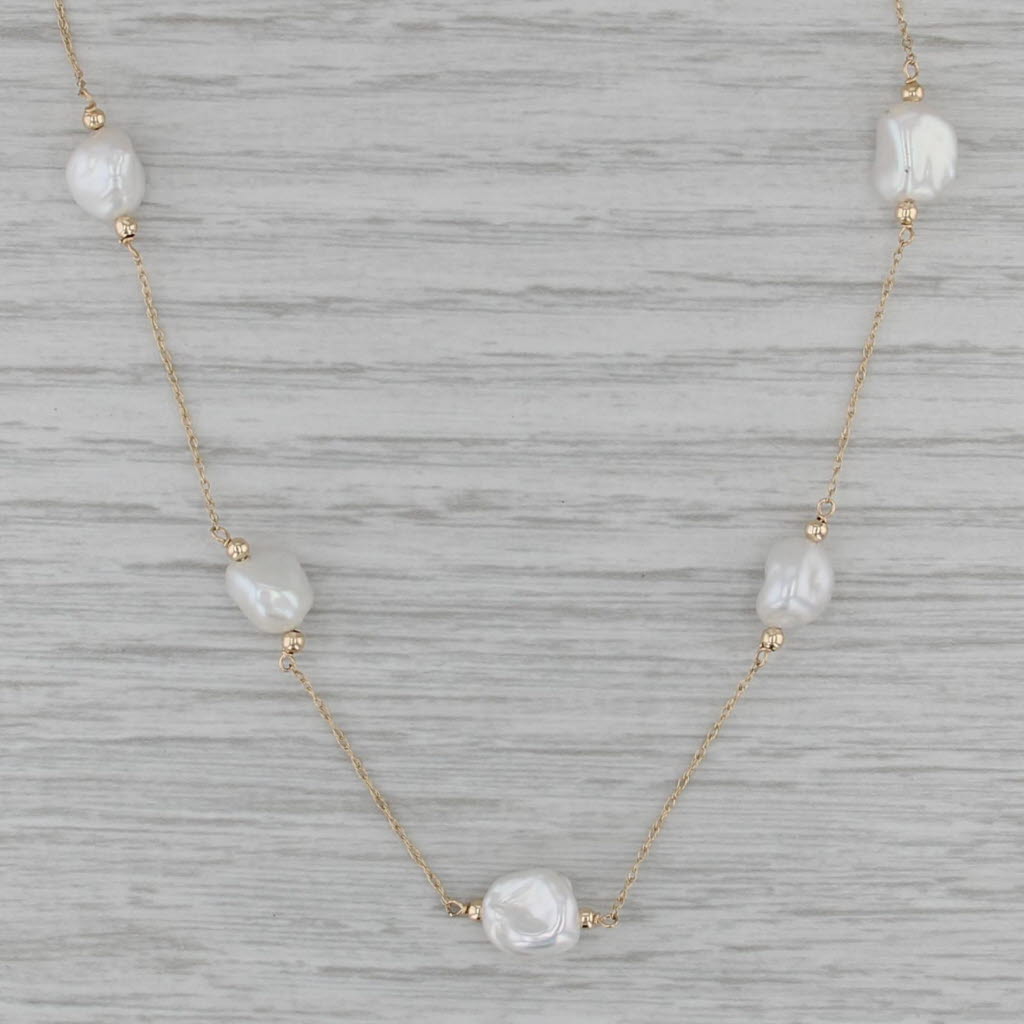 Baroque Cultured Pearl Station Necklace 14k Yellow Gold Rope Chain 16.25"