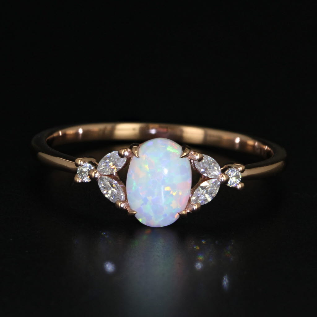 Black Oval Lab Created Opal Cubic Zirconia Ring 14k Rose Gold Size 8.25