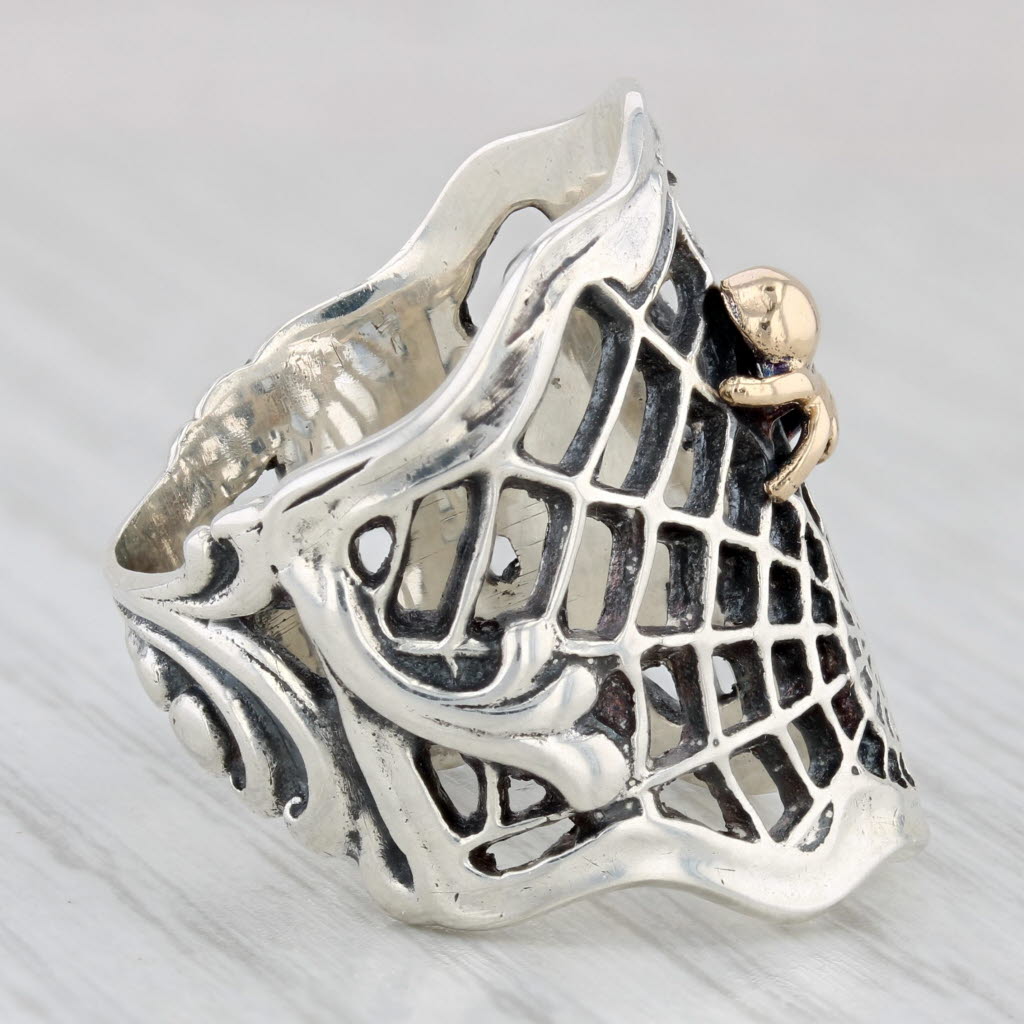 Light Gray Gothic Spider Web Gold Spider Ring Sterling Silver 14k Size 6.5 Statement