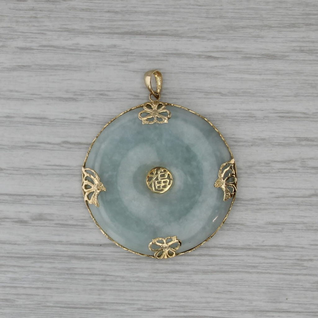 Green Jade Butterfly Hololith Pendant 14k Gold Chinese Character Good Fortune