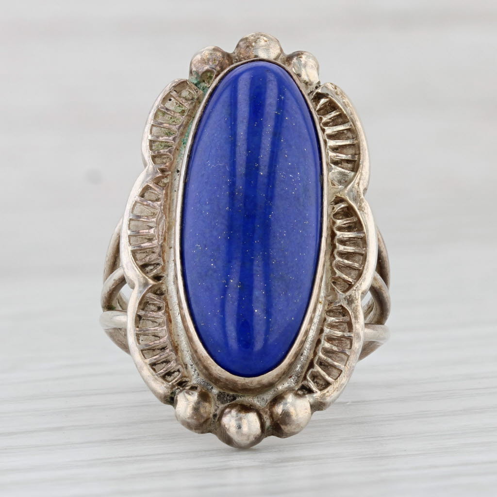 Light Gray Native American Oval Lapis Lazuli Ring sterling Silver Vintage Signed Size 8.5