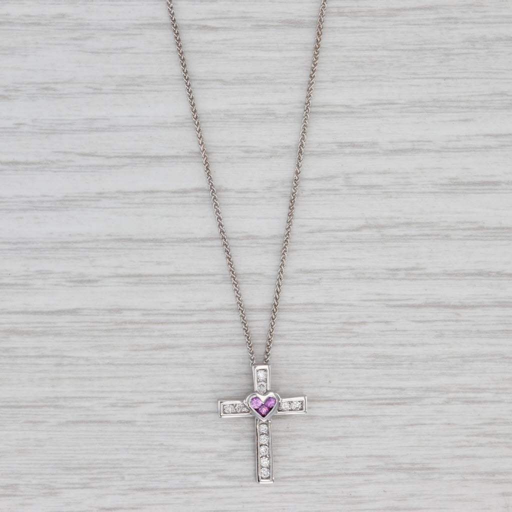 Light Gray 0.30ctw Pink Sapphire Diamond Cross Pendant 14k White Gold 19.5" Wheat Chain