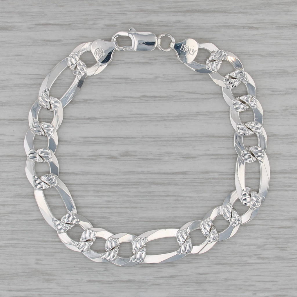 Sterling Silver Figaro Chain Bracelet Italian 8.25" 10.7mm